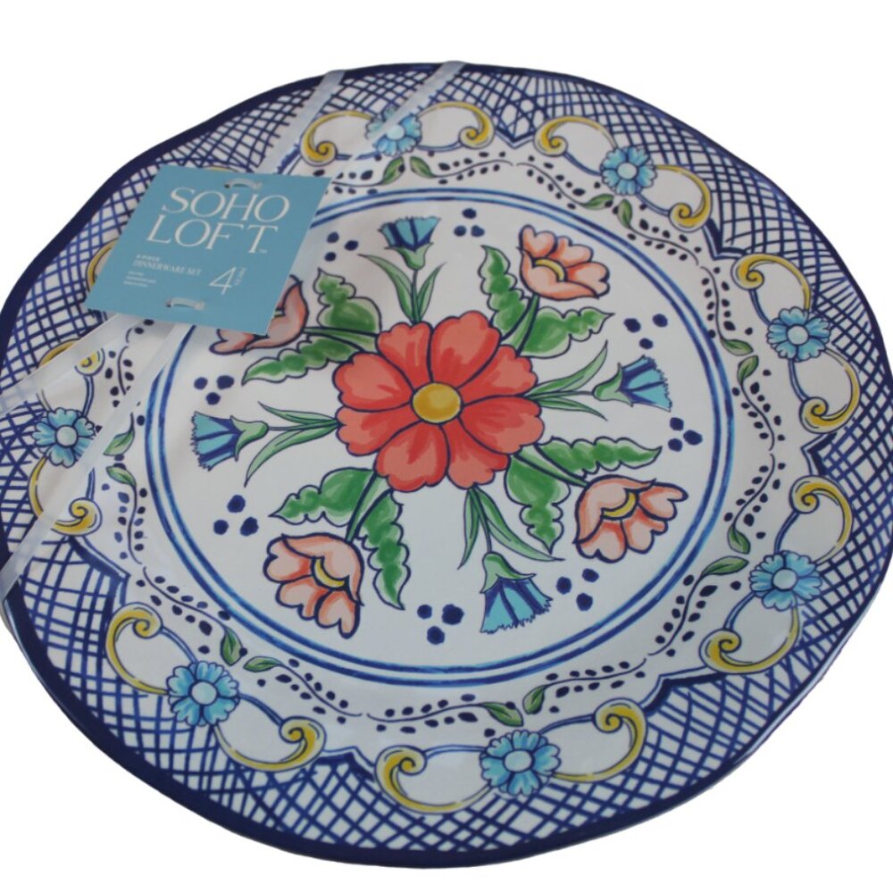 Soho Loft Dinner Plate Set of 4 Melamine Blue White Coral Pink Flower Floral NWT